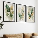 Ver imagem 1 de Kit 3 Quadros Folhagem Verde Dourado Aquarela 60x80 Moldura:preta