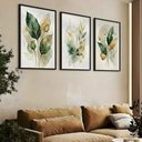 Ver mais imagens de Kit 3 Quadros Folhagem Verde Dourado Aquarela 60x80 Moldura:preta