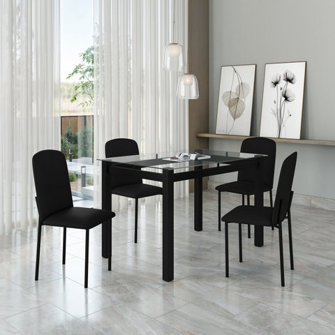 Mesa Tokio 120cm x 80cm Tampo de Vidro com 4 Cadeiras Classic Preto