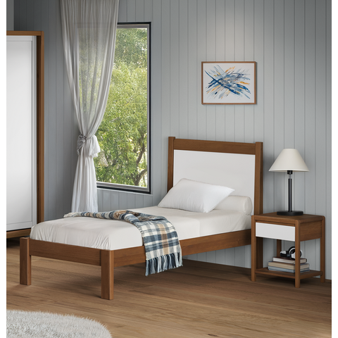 Cama de Solteiro em Madeira Maciça Modena Marrom/Amêndoa/Branco