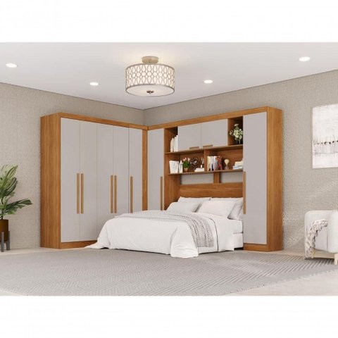 Guarda Roupa Casal Modulado de Canto 9 Portas de Bater 2 Gavetas MDP Cinamomo-Off White Multimóveis