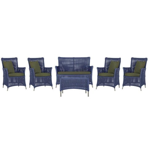 Jogo Sofá 4 Poltronas e Mesa Igapó Fendi E13 Trama Original Azul