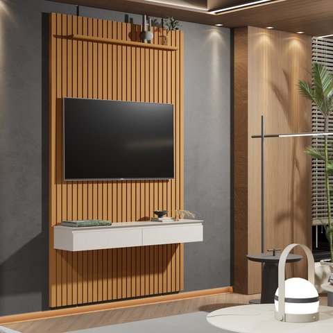 Painel Ripado Suspenso para TV até 55 Polegadas 100% MDF 138,6cmx240cm 2 Gavetas Arbo Marrom Cedro/Off White