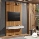 Ver imagem 1 de Painel Ripado Suspenso para TV até 55 Polegadas 100% MDF 138,6cmx240cm 2 Gavetas Arbo Marrom Cedro/Off White