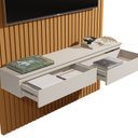 Ver imagem 4 de Painel Ripado Suspenso para TV até 55 Polegadas 100% MDF 138,6cmx240cm 2 Gavetas Arbo Marrom Cedro/Off White