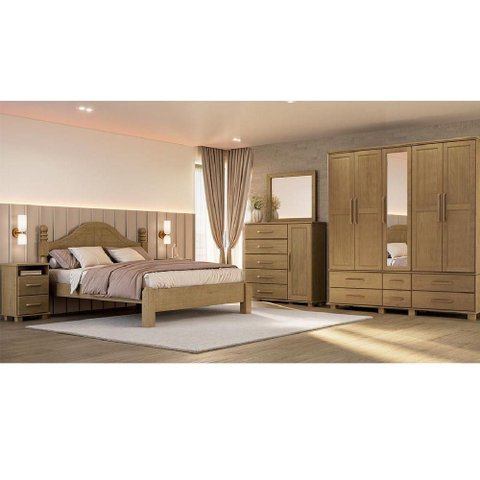 Conjunto Quarto Casal Ouro Freijó Guarda Roupa 5 Portas Cômoda Cama Mesas Finestra