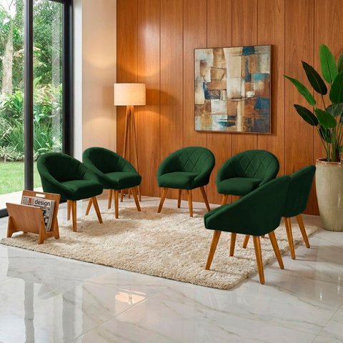 Kit 6 Poltrona Sala Decorativa Louis Veludo Verde Pés Palito Castanho