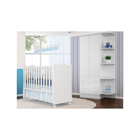 Jogo Quarto Infantil Guarda Roupa e Berço Certificado pelo Inmetro Simples Doce Sonho Branco - Qmovi