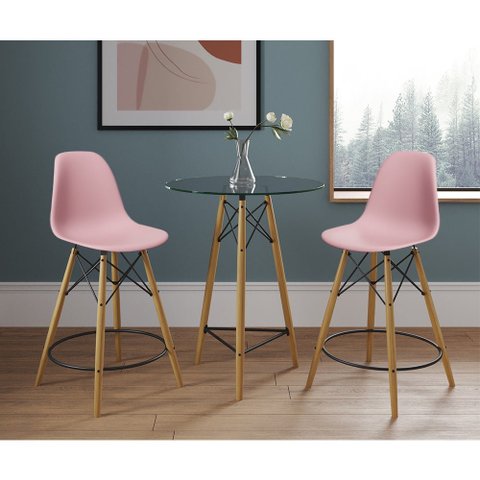 Mesa Bistrô Eames Eiffel Vidro com 2 Banquetas Rosas de Madeira