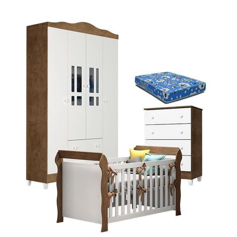 Quarto de Bebê Ariel 4p Gaveteiro e Berço Lara Branco Acetinado Amadeirado com Colchão –