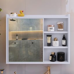 Espelheira Armário Banheiro 60 Cm Espelho Porta Prateleira Organizadora Lavabo Luxo - Branco - 3