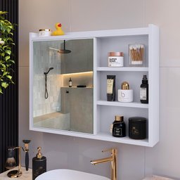 Espelheira Armário Banheiro 60 Cm Espelho Porta Prateleira Organizadora Lavabo Luxo - Branco - 8