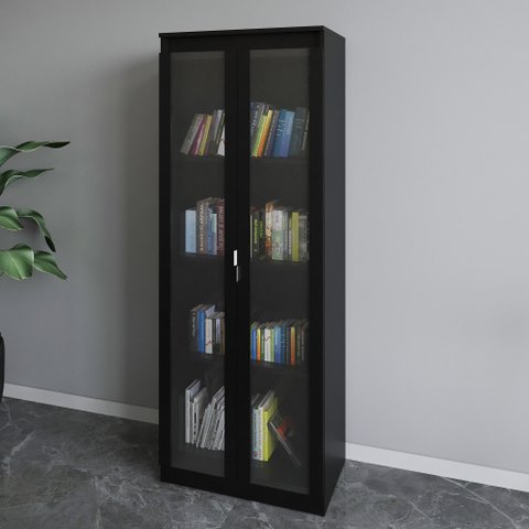 Armário P/ Escritório 2 Portas de Vidro 4 Prateleiras Branco Me4189 Cor: Preto