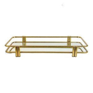 Bandeja Metal Retangular Dourada Espelho Detalhe Duplo Pequena