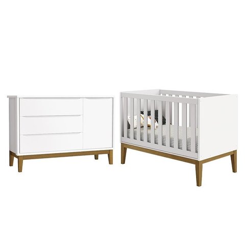 Jogo de Quarto Infantil Cômoda 1 Porta e Berço Classic Branco Fosco com Pés Amadeirado - Reller Móve