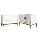 Ver imagem 1 de Jogo de Quarto Infantil Cômoda 1 Porta e Berço Classic Branco Fosco com Pés Amadeirado - Reller Móve