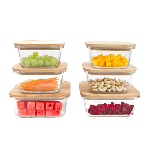 Kit 6 Potes de Vidro com Tampa em Bambu Hermético Marmita Quadrados - Tud
