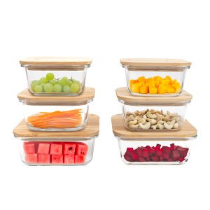 Kit 6 Potes de Vidro com Tampa em Bambu Hermético Marmita Quadrados - Tud