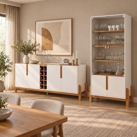 Conjunto Buffet + Cristaleira Lizz Off White Buffet 190 cm Casa D