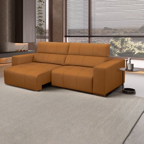 Sofá Decorativo Barbosa 3 Lugares Sala de Estar 250cm Reclinável e Retrátil Couro Caramelo G88 - Gra