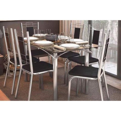 Sala de Jantar Completa Elba C- Tampo de Vidro 80x150cm e 6 Cadeiras Florença Cromada - Preto -