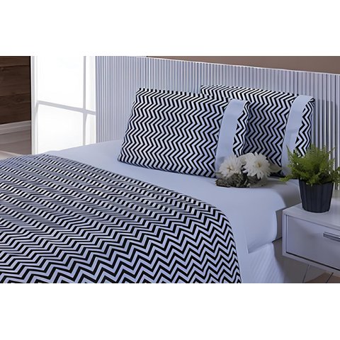 Jogo Lençol Viúva 4 Peças 188x128x30 100% Algodão 300 Fios Estampado Chevron Barrado Branco
