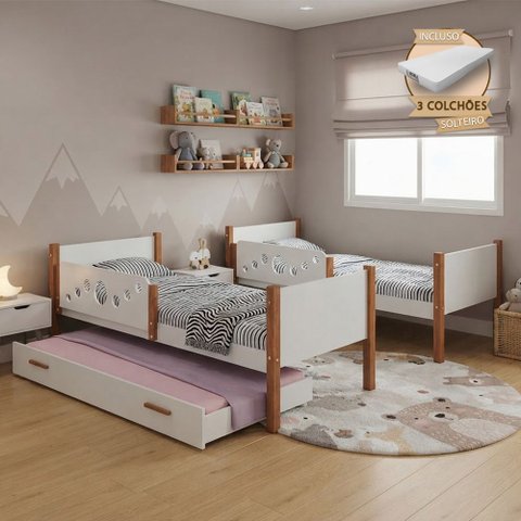 Kit 2 Camas Infantil Solteiro Star com 1 Cama Auxiliar e 3 Colchões Divaloto Móveis - Branco Mel