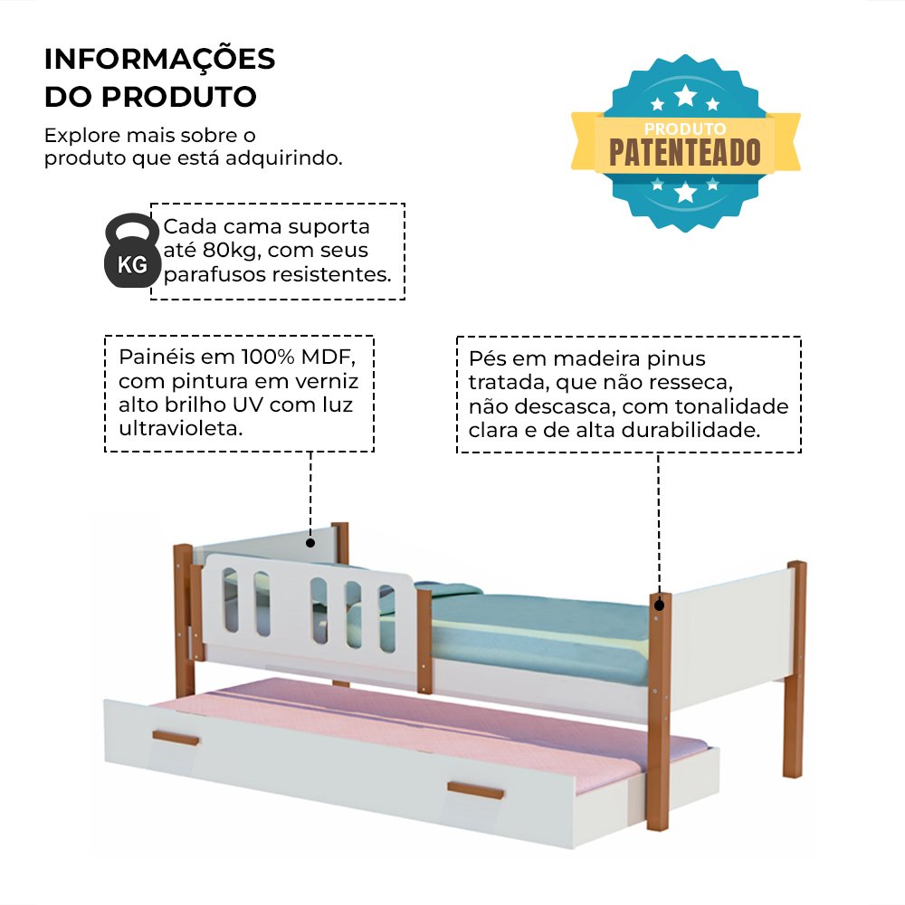 Beliche Solteiro Ônix com Cama Auxiliar - Branco com Mel - 2