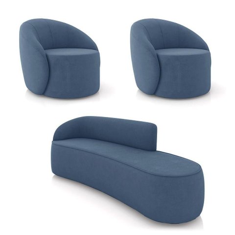 Sofá 4 Lugares Orgânico 220cm Morgan e 2 Poltronas Lua Suede Azul M D03 - D'Rossi
