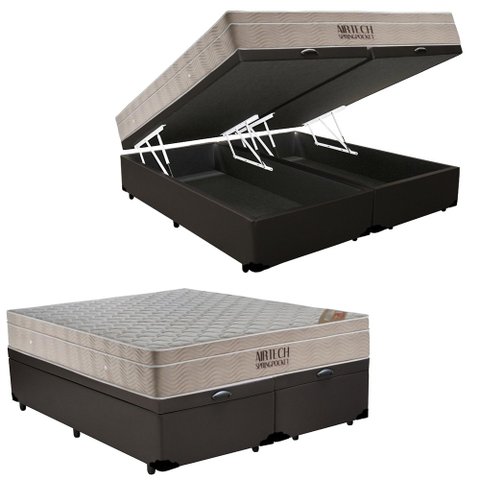 Cama Box Baú King Sintético Bipartido + Colchão Ortobom Airtech Molas Ensacadas 65x193x203 Marrom