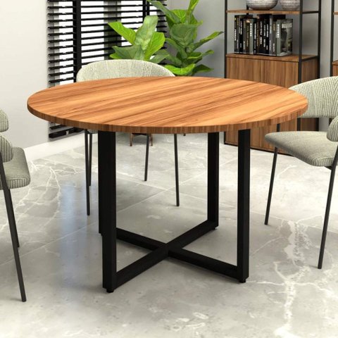 Mesa de Reunião Redonda 1,20 m Pés Metal para 4 Pessoas F5 Office Cor:Nogal com Preto