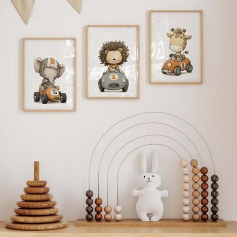 Kit 3 Quadros Decorativos Infantil - Corrida NO2 - 30x40 - Moldura Madeira