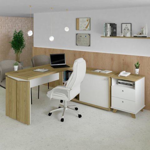Conjunto Home Office 2 Peças 1 Escrivaninha em L Smart com 1 Gaveteiro Day 2 Gavetas Olmo E Branco