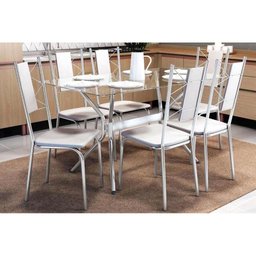 Conjunto: Mesa Sala Jantar Loire c/ Tampo Vidro 150cm + 6 Cadeiras Lisboa Cromado/Courano Branco - - 1
