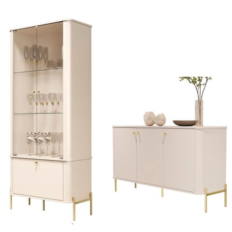 Conjunto Cristaleira e Aparador Buffet Tucupí com 3 Portas Off White/dourado