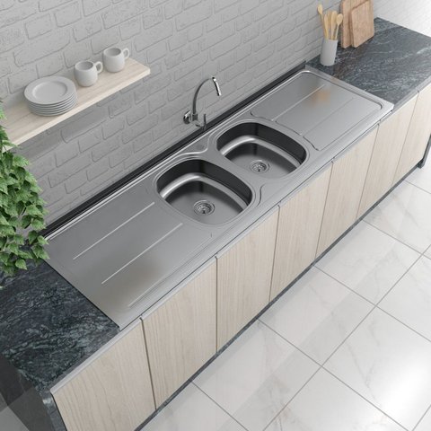 Pia de Cozinha em Aço de 180cmx56cm com Duas Cubas Concretada sem Válvula Plus 30