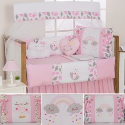KIT BERÇO COMPLETO BEBE MENINO E MENINA COM 11PÇS DOCE CHUVA DE AMOR COM SAIA E MOSQUITEIRO NUVEM - 1