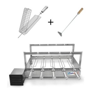 Gira Grill Inox com 5 Espetos Tridente + Espeto Grelha + Espalhador Pratic