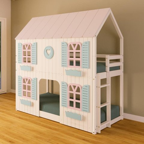 Beliche Montessoriano Casinha Bela com Coração 4 Janelas Venezianas - Madeira Maciça Branco/Rosa/