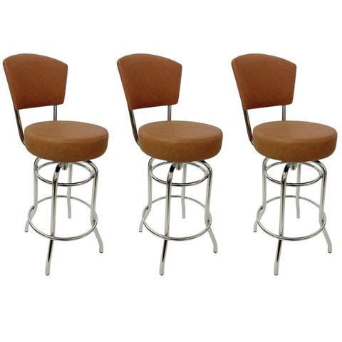 Conjunto 3 Banquetas Altura 65cm Bar Giratória Cromada com Encosto Assento Grosso Cor Canela