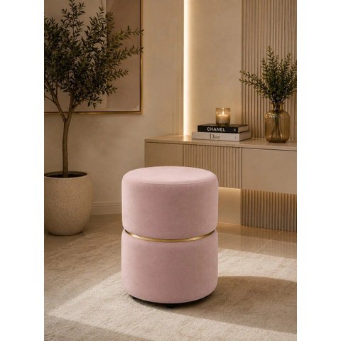 Puff Cinta Dourada no Meio, Tecido de Veludo, Nude Rose - Let Móveis