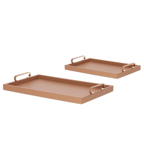 Kit 2 Bandejas em Pu e Alça com Detalhes Dourado - Mart:marrom/nude