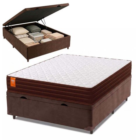 Cama Box Baú Casal Colchão Molas Qatar 138x188x63cm Marrom/Branco- Suporta até 150kg por Pessoa