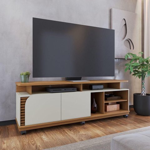 Rack para TV Jurerê 75" 180cm MDF MDP com Nichos Ripados Freijó Off White