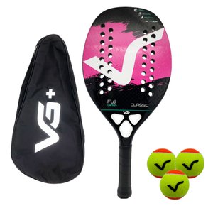 Kit Raquete de Beach Tennis Classic Full Carbon com 3 Bolas e Bolsa de Transporte VG Plus - Rosa