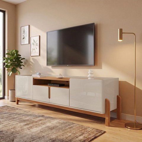 Rack para TV até 60 Polegadas MDF 190cm Pés em Madeira Maciça Lizz Versátile Bege