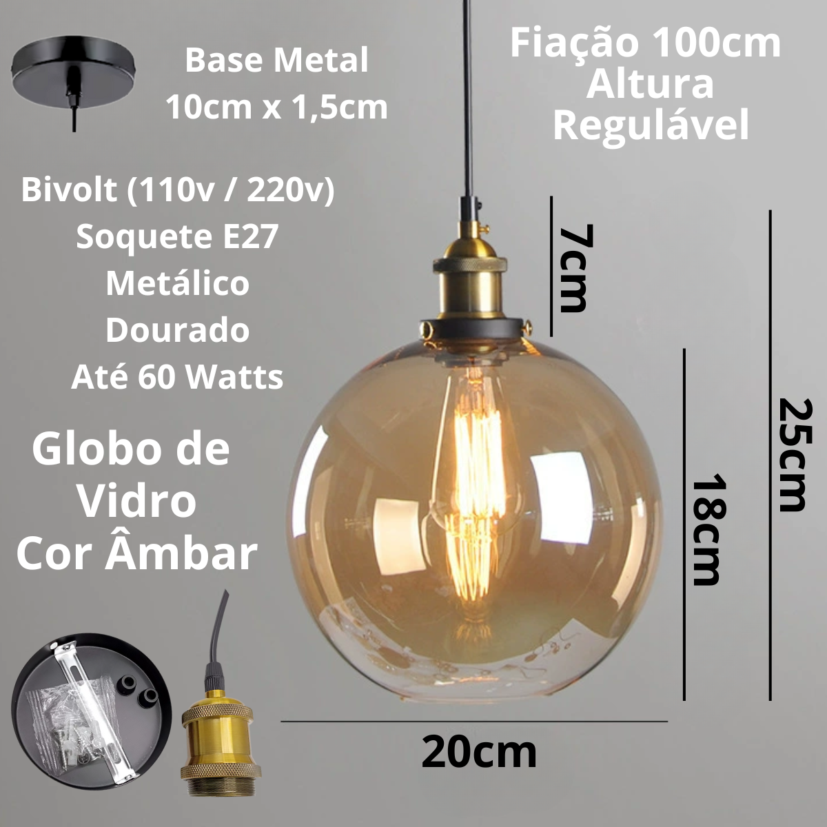 Ver imagem 6 de Lustre Pendente 20cm Vidro Âmbar Industrial Retrô Vintage Luminária Teto E27 Gimpo Kjdd-e-187