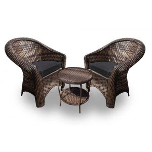 Conjunto de Poltronas Fibra Sintética Bali - 2 Poltronas + 1 Mesa Centro - Tecido Duna Preto
