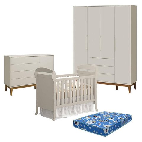 Quarto de Bebê 4 Portas com Cômoda com Porta Elfe Classic e Berço Americano Danny Areia Acetinado Am