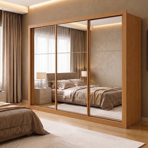 Guarda Roupa Casal 3 Portas de Correr Espelhadas e 6 Gavetas 242cm Premium Jade